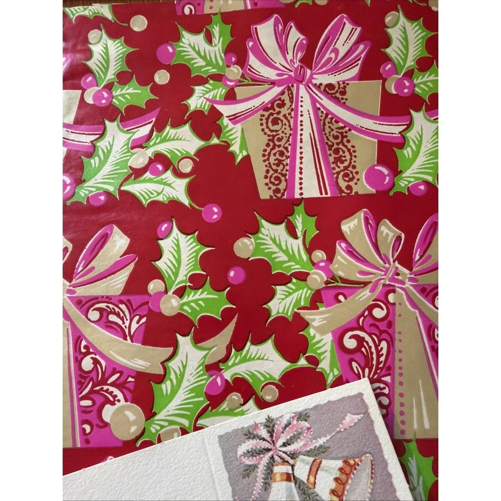 6 Vintage Sheets Of Christmas Flat Wrap: Holly, Candy Canes, Drummer